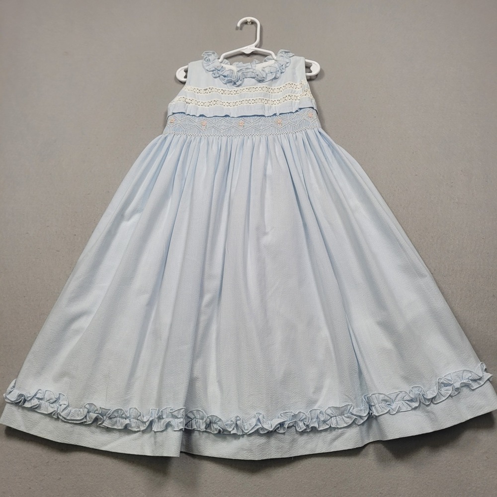 Will'Beth Blue Seersucker Smocked Floral Lace Ruffle Dress Kids Size 4